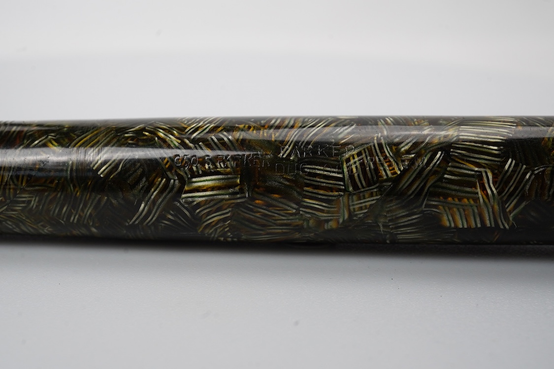 A Parker Senior UK Duofold 'green candy stripe' fountain pen with 14ct. gold 'N' nib